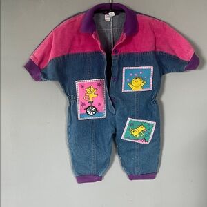 Catton Candy Pink and Blue Kids One Piece Jean With Cats Size 12 Months